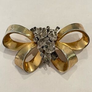 Mazer Vintage Brooch Bow Rhinestones Gold Silver Tone 1960s Diamanté Flowers